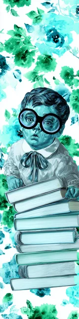 Free teacher bookmark featuring a turquoise baby sitting on a book stack